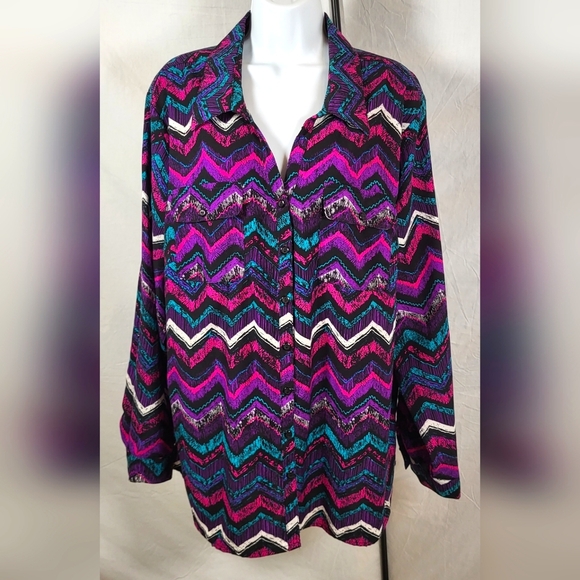 KIM ROGERS Purple, Teal and Pink Print Button-up Blouse - Size 3X or Size 24W - Picture 1 of 4